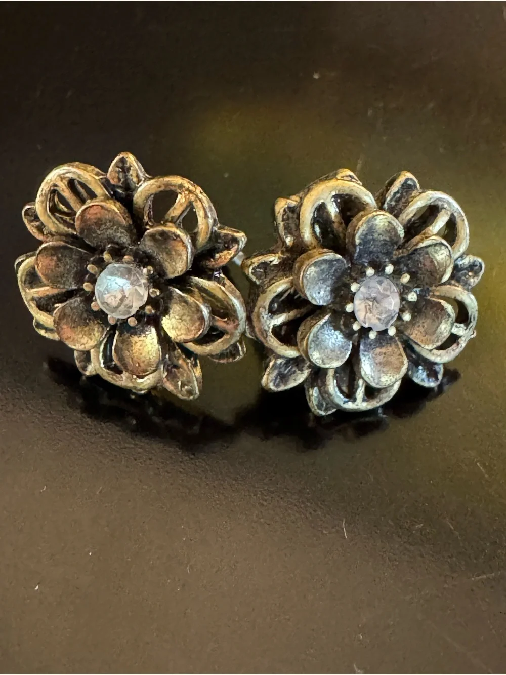 Vintage Antiqued Brass Floral Stud Earrings with Clear Crystal Centers